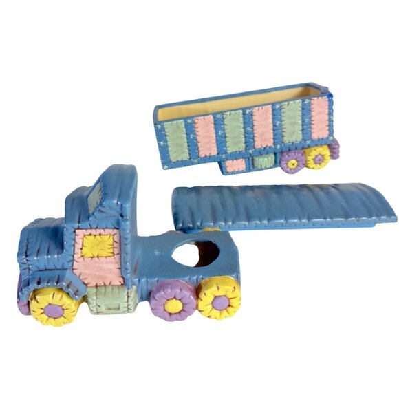 Patchwork Semi Truck Trinket Box Ceramic VTG 70s Kitschy Decor Rare OOAK Driver - Picture 8 of 16